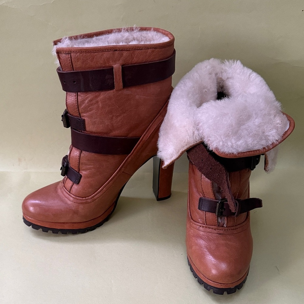 New Vintage Caramel Dolce Vita Winter Boots with Buckle Accents and Real Fur
